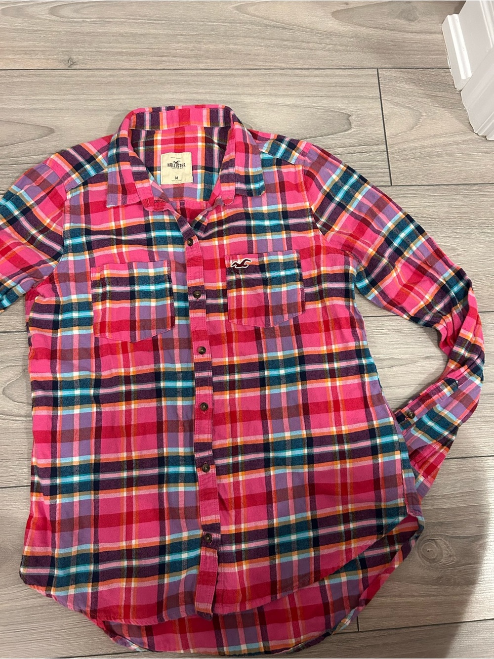 Hollister Bright Pink Multicolor Plaid Button-Down Shirt